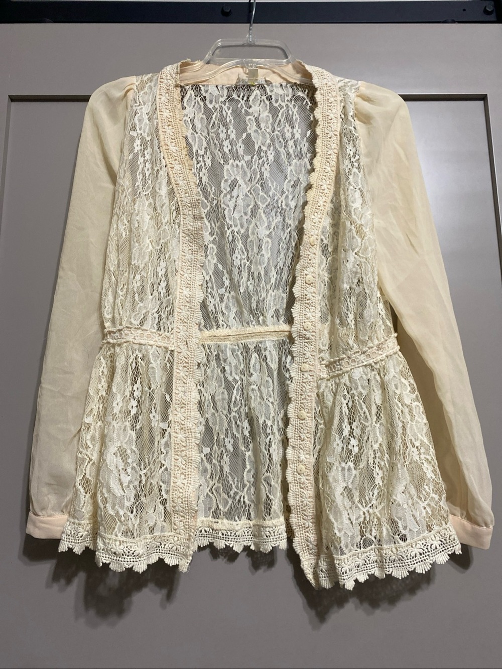Double Zero Y2K Cream Lace Open-Front Cardigan with Crochet Trim